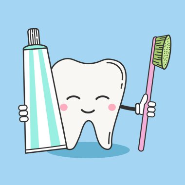 Diş fırçası ve diş macunuyla diş sağlığı kliniği maskotu. Ağız temizleme ve diş bakımı çocuk konsepti. Düz vektör illüstrasyonu