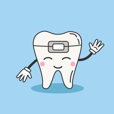 Sevimli diş teli karakteri. Ağız temizleme ve diş bakımı konsepti. Gülümseyen bebek dişi sembolü. Düz vektör illüstrasyonu