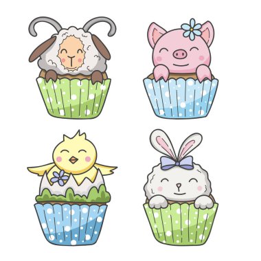 Easter cute vector cupcakes set. Hand drawn sweet bakery with easter bunny, chicken, piglet and sheep in pastel colors. Perfect for greeting card and party invitation. Isolated on white clipart