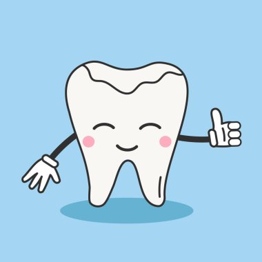 Sevimli diş dolgusu karakteri. Vektör illüstrasyonunuz kutlu olsun. Gülümseyen küçük bebek çizgi film diş sembolü. Ağız sağlığı çocuk dişçiliği konsepti.