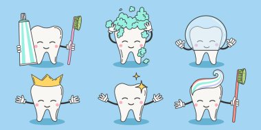 Gülümseyen temiz çizgi film karakterleri. Diş bakımı çocuk konsepti çizimleri. Diş sağlığı kliniği maskotu. Basit vektör illüstrasyonu