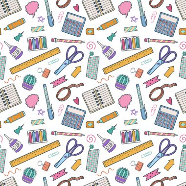 Elle çizilmiş okul malzemeleriyle kusursuz desen. Beyaz arka planda okula dönen sevimli çocuklar. Vektör illüstrasyonu