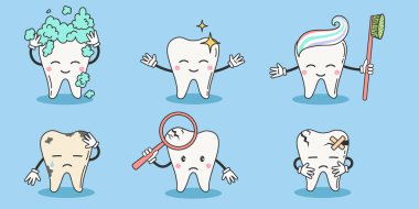 Bir dizi kötü ve sağlıklı çizgi film karakteri. Diş bakımı ve tedavi çocuk konsepti çizimleri. Diş ağrısı ve parlak dişler. Diş sağlığı kliniği maskotu. Şirin vektör illüstrasyonu