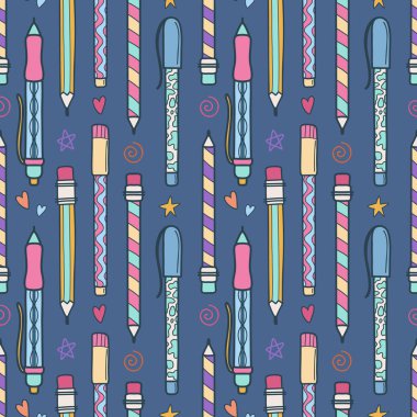 Elle çizilmiş karalama okulu malzemeleriyle, kalemlerle, kalemlerle kusursuz desenler. Tatlı çocuklar karanlık arka planda okula geri dönüyorlar. Vektör illüstrasyonu