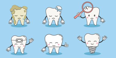 Bir dizi kötü ve sağlıklı çizgi film karakteri. Diş bakımı ve tedavi çocuk konsepti çizimleri. Cavity, caries, plaque tees problemleri. Diş sağlığı kliniği maskotu. Düz vektör illüstrasyonu