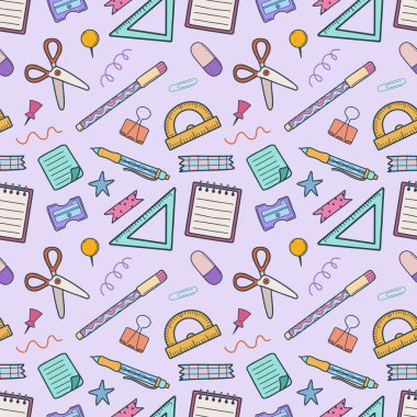 Karalama okulu çocuk kırtasiyesi ile soyut, kusursuz desen. El çizimi kağıt arka plan. Okula dönelim. Eğitim konsepti. Vektör illüstrasyonu