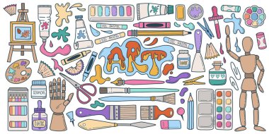 El çizimi sanatçı malzemeleri seti. Sanat aletleri koleksiyonu - kalem, boya, fırça, yağlı boya, sehpa, palet, pastel boya kalemi. Vektör okulu kırtasiyesi çizimi