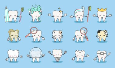 Çizgi film karakterleri ve ağız hijyeni çizimleri. Çocuklar için diş bakımı konsepti. Diş macunu ve diş fırçası. Diş sağlığı kliniği maskotu. Düz vektör illüstrasyonu