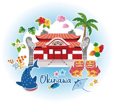 Okinawa image illustration, Shuri Castle, Shisa, whale shark, coral, hibiscus, tropical fruits clipart
