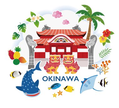 Okinawa resim çizimi, Shuri Kalesi, Shisa, balina köpekbalığı, mercan, amber çiçeği, tropikal meyveler