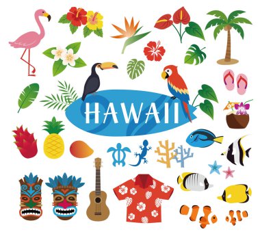 Hawaii Clip Arts Icon Set: tropical birds, tropical flowers, tiki masks, aloha shirt, sea turtles, gecko, tropical fish, ukulele, palm tree clipart