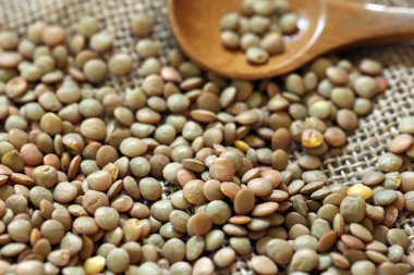 Mercimek bir jüt torbaya yayılmış.