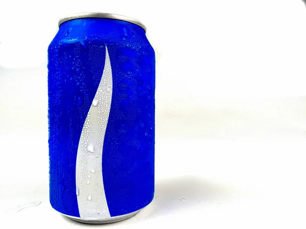 Close Insulated Blue Cold Drink Cans White Background — Stock Photo, Image