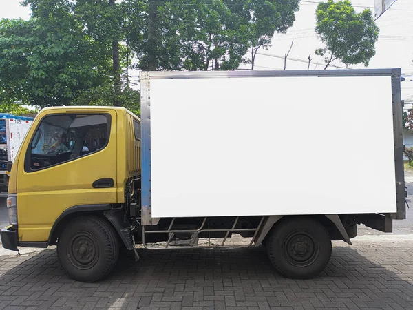 side of shipper box in truck car with blank billboard mockup, blank ad poster template, information banner placeholder mock up