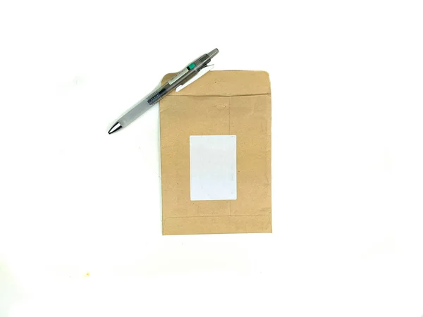 Blank Recycled Paper Stationery Set Mockup White Layout Center Pen — Stock Photo, Image