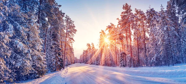 Όμορφη Θέα Της Ανατολής Πρωί Στο Χιονισμένο Δρόμο Της Χώρας — Φωτογραφία Αρχείου