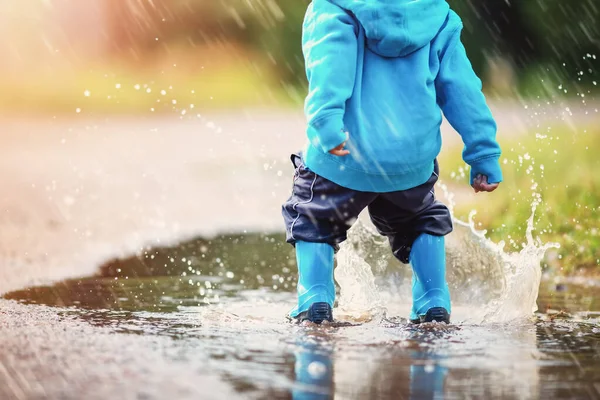 Small Child Jumping Puddles Nature Spring Concept Childhood Family Relation — Foto Stock