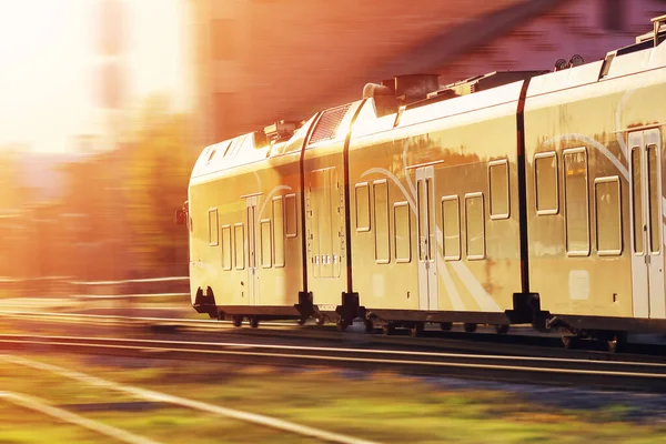 Passenger Train Moving Railway Sunset Summer Concept Transportation Suburban Logistic — Foto de Stock