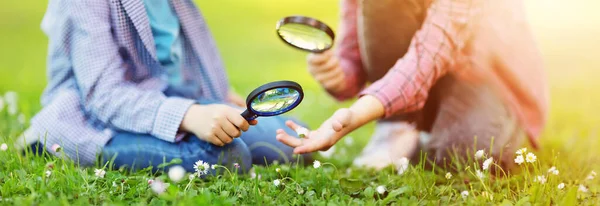 Children Exploring Fresh Nature Using Magnifying Glasses Concept Family Vacation — Stock Fotó