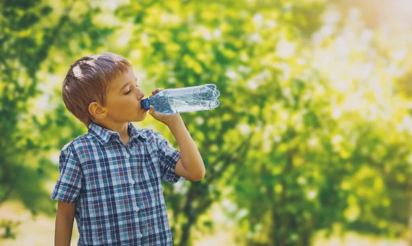 かわいい少年は自然の中で純粋な水のボトルを飲む 世界のきれいなミネラルアクアの提供の概念 — ストック写真