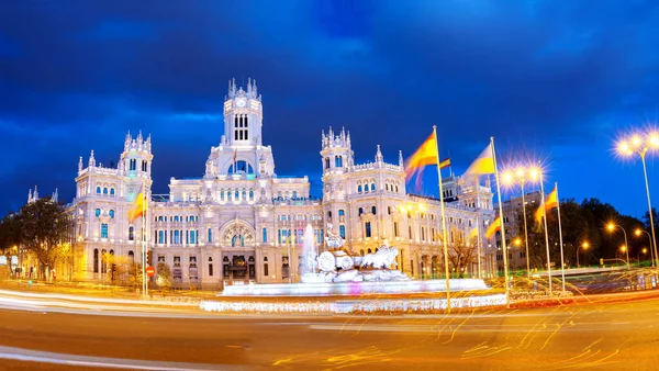 Nachtansicht Auf Dem Platz Mit Dem Kybele Palast Marid Spanien — Stockfoto
