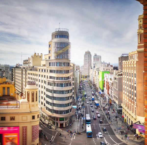 stock image Panoramic view of the Callao square with business skyscrapers and big traffic. Concept of the tourism and famous places.