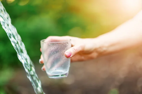女人想把天然泉水中的水倒入透明的玻璃杯中 清澈新鲜水的概念A — 图库照片