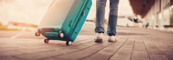 Young Man Walking Airport Suitcase Concept Travelling Tourism — Stock Photo, Image