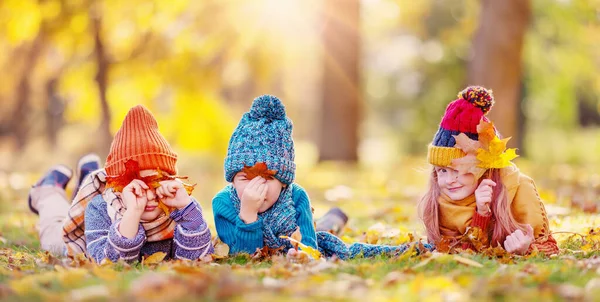 아이들은 공원에서 자신의 단풍잎과 잔디에 자연에서 여가의 — 스톡 사진