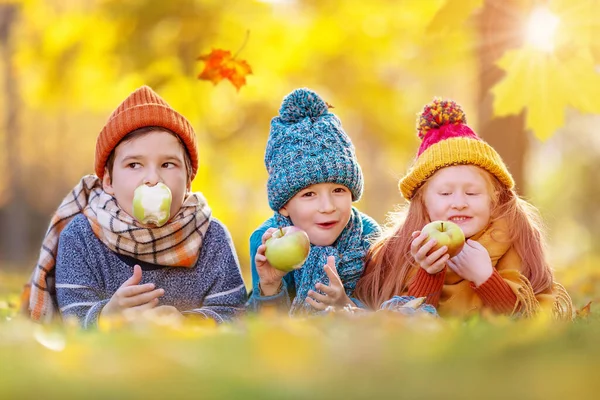 아이들은 공원에서 사과와 잔디에 정원에서 아름다움 — 스톡 사진