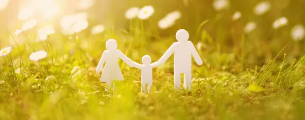 Figurines Family Standing Fields White Daisies Sunset Concept Adoption Love — Stock Photo, Image