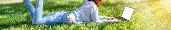 Woman Lying Laptop Blossoming Meadow Natural Park Panoramic Background Stockbild