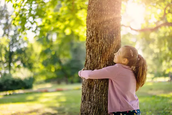 Fetiță Drăguță Care Îmbrățișează Copacul Parcul Natural Iubesc Salvează Conceptul Fotografie de stoc