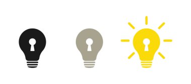 Patentli çözüm. Ampul ve anahtar deliği. İllüzyon. Beyaz bir arkaplanda izole edilmiş