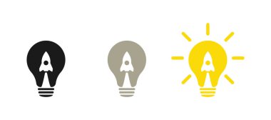 Lamba ve roket. Ampul ve uçak sembolü veya simgesi. Kalkış konsepti. Web tasarımı.