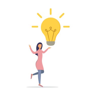 İş fikri, bilgi alışverişi, başarılı çalışma. Ampullü bir kadın. Fikir lambası konsepti. Düz biçim - stok vektörü.