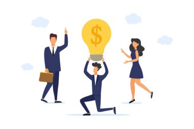 Takım beyin fırtınası, fikir yönetimi, proje yönetimi, yeni fikir üretimi, başlangıç işbirliği, çözüm araması, ürün geliştirme. Modern bir şekilde vektör illüstrasyonu.