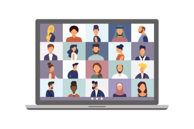 Video konferans görüşmesi, uzak proje yönetimi, karantina, arkadaşlarla sohbet. Modern bir şekilde vektör illüstrasyonu.