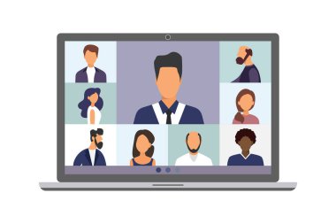 Video konferans görüşmesi, uzak proje yönetimi, karantina, arkadaşlarla sohbet. Modern bir şekilde vektör illüstrasyonu.