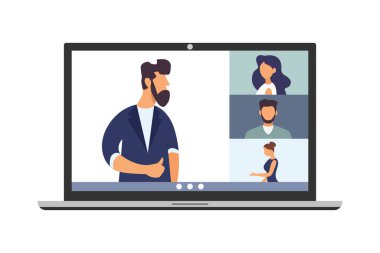 Video konferans görüşmesi, uzak proje yönetimi, karantina, arkadaşlarla sohbet. Modern bir şekilde vektör illüstrasyonu.