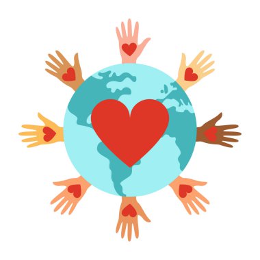 Dünya gezegeni, eller ve kalp - toplulukların barış ve birliğinin bir sembolü. vektör illüstrasyonu