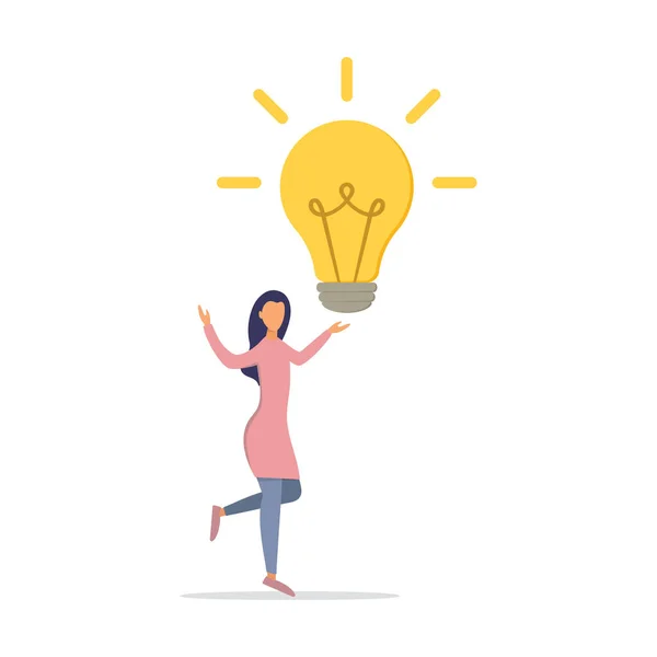Business idea, knowledge exchange, successful work. Woman with a light bulb. Idea lamp concept. Flat style - stock vector.