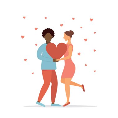 İnsanlar Sevgililer Günü 'nü kutluyor. Ellerinde bir kalp olan sevgi dolu bir çift. Vektör illüstrasyonu.