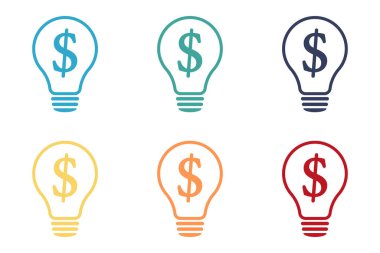 İçinde parlak bir ampul var. Bir dolar sembolü. Fikir lambası ikonu koleksiyonu. Düz biçim.