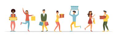 Mevsimlik indirimler. Vektör illüstrasyonları kümesi, koleksiyon karakterleri satın alır, hediye kutuları ve paketlerle yürür.