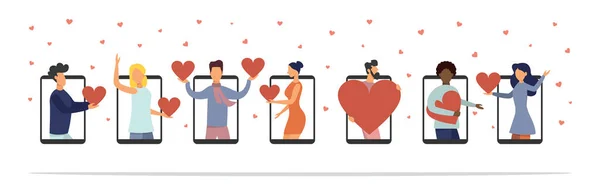Online celebration of Valentine\'s Day. People celebrate Valentine\'s Day online. Vector illustration.
