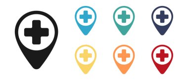 Hastane ya da eczane konumu ikonu. Simge ayarlandı. Beyaz arkaplan üzerinde izole edilmiş.