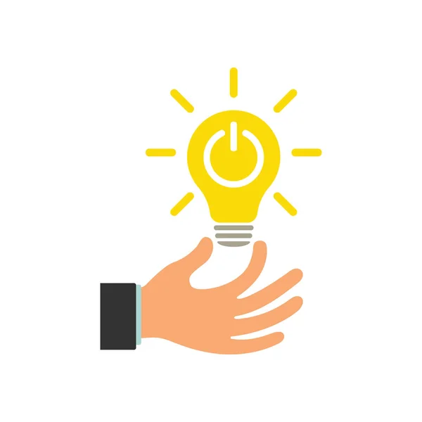 Glowing light bulb in a businessman\'s hand. Hand with a Idea lamp. Turn on, turn off. Illustration.