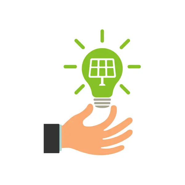 Glowing light bulb in a businessman\'s hand. Light bulb with solar panel logo. Green energy concept. Illustration.