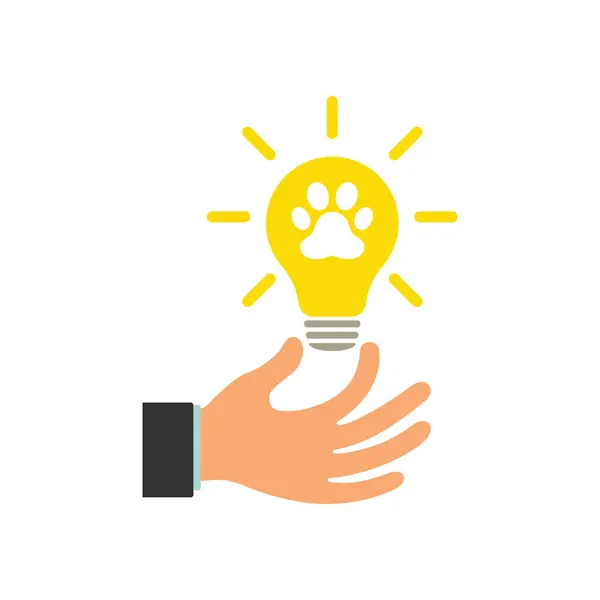 Animal paw icon on light bulb icon. Glowing light bulb in a businessman\'s hand. Illustration.